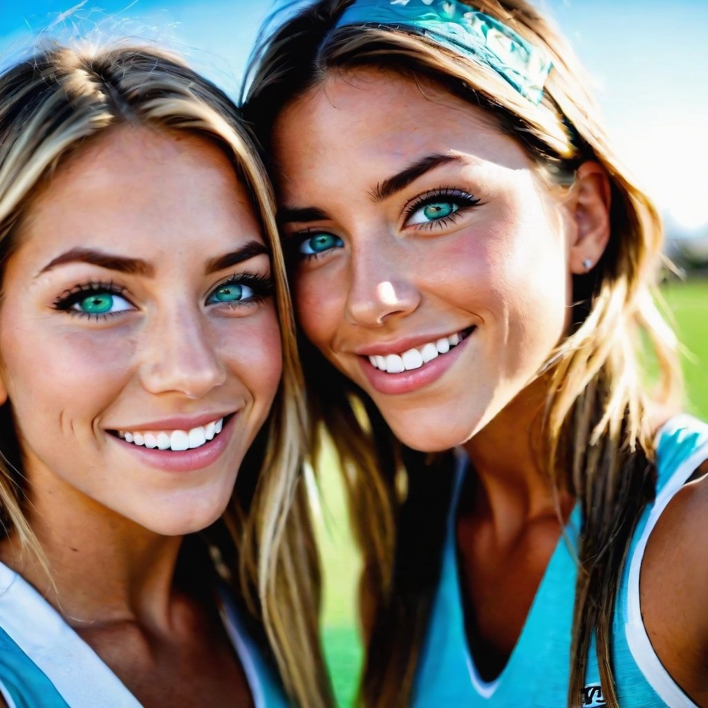 'a couple of women standing next to each other, sexy girl with green eyes, in love selfie, sky blue eyes, high school, tongue, palm springs, long eyelashes, isabella, lacrosse player, loving embrace, f/15, her friend, aniston, highlights, friendly, with a white, mutud colors, black circle, kids, front page