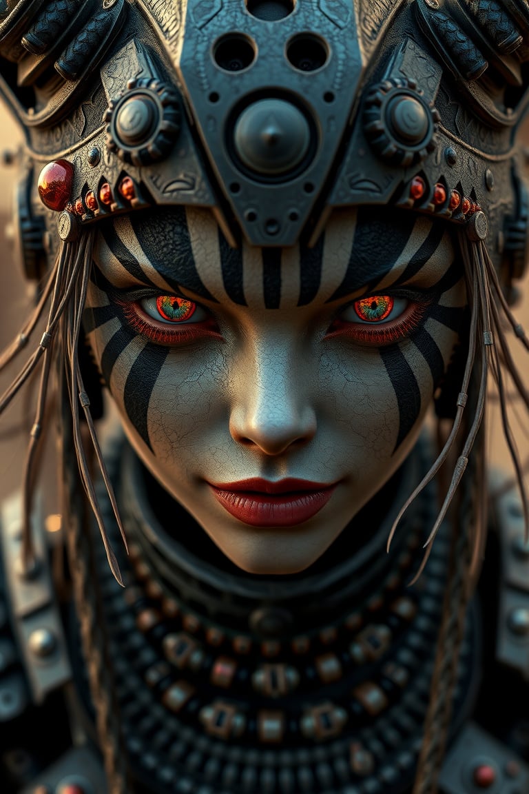 Mad Max furries and cyborg. intricate abstract, ultra intricately detailed 3D render, global illumination, by Beksinski's Ilya Prima's striped eyes with kind smile her hair, rembrandt, style from Anime series CGSociety,hyper realistic, 4k HDR, octane render, photographic, highajic, very stylish young James Audrey as Ayanamiyareenshotatalieocalyptic after 