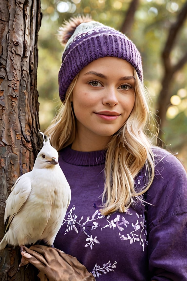  a young woman in a striking pose against a tree. Her blonde hair cascades down her shoulders, framing her face with a gentle smile. She is dressed in a purple sweater adorned with a white bird design, adding a pop of color to the scene. The gray beanie she wears complements her outfit, and her gaze is directed straight at the camera, creating a sense of connection with the viewer. The tree behind her is a sturdy brown trunk, providing a natural backdrop to this candid moment. The lighting is soft and diffused, casting a warm glow on the subject and enhancing the overall mood of the image. The image is a harmonious blend of color, emotion, and composition, capturing a moment of tranquility and beauty