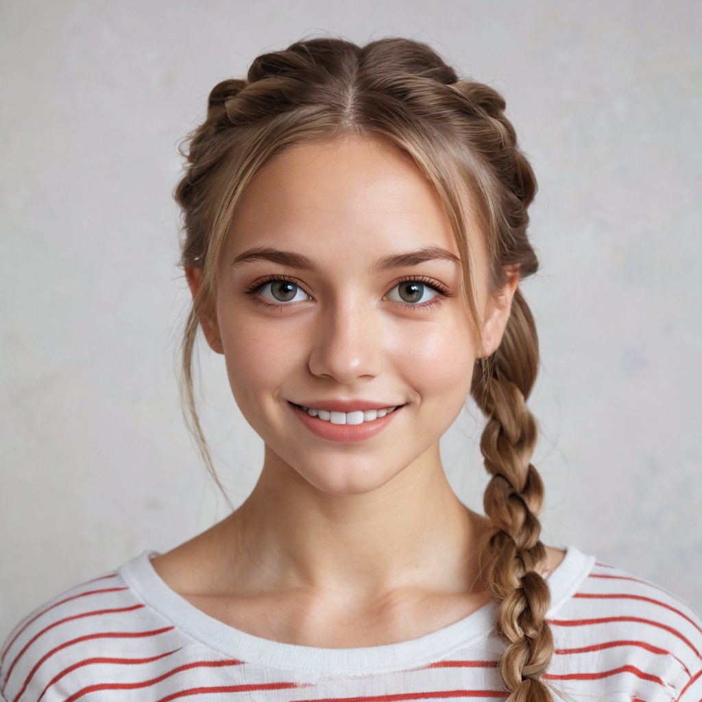 in a medium, eye-level shot, a fair-skinned young girl with long blonde hair and green eyes is captured in a close-up portrait against a stark white backdrop. she's dressed in a white and red striped t-shirt, which features a round neckline and short sleeves. her hair is braided into two pigtails, each ending in a braid. her eyes are wide open, and she's smiling slightly. her mouth is slightly ajar, revealing a hint of teeth. her skin is fair and lightly tanned, and her hair is a soft, light brown. her gaze is directed at the viewer, and she's looking directly into the camera.