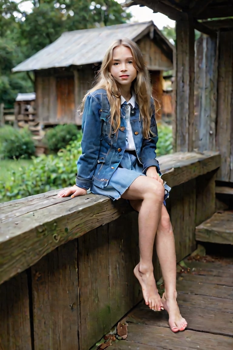  image captures a young girl with long, blonde hair, sitting on a blue ledge. She is wearing a blue jacket and a denim skirt, and her bare feet are crossed on the ledge. The girl is looking directly at the camera, and the background features a wooden structure with a thatched roof and green foliage. The lighting is moody and the image is taken with a long exposure, which gives it a dramatic effect. The overall mood of the image is serene and contemplative