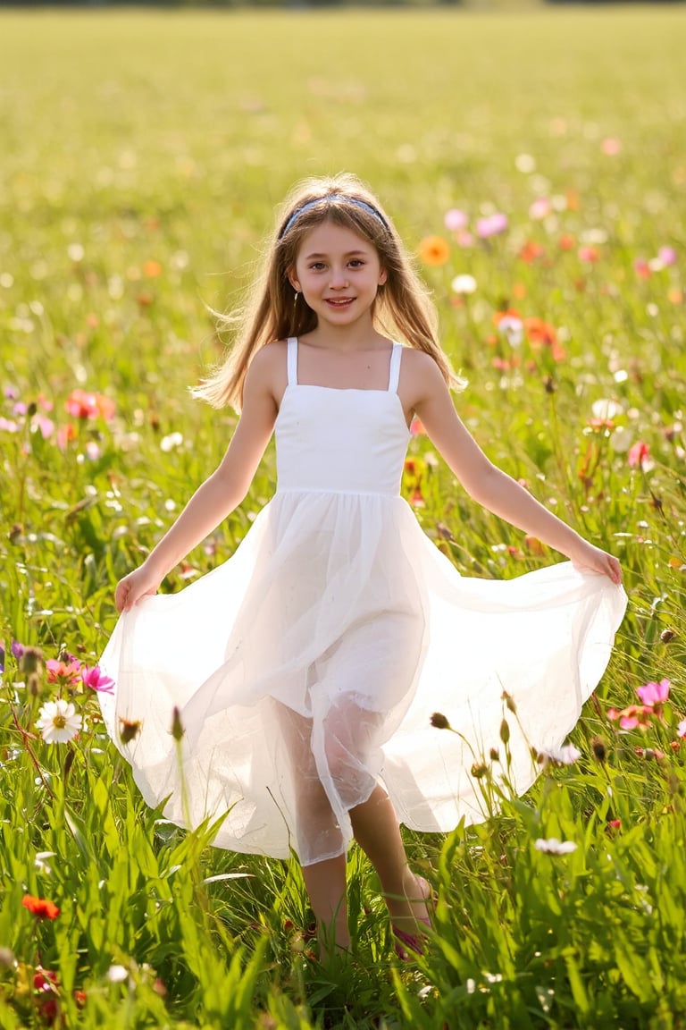 A young girl's dreamy dance in a sun-kissed meadow, surrounded by vibrant wildflowers, wears a flowing white dress, beaming with a bright and charming smile, as warm rays of sunlight filter through lush green blades, casting a soft glow on the serene scene, reminiscent of Renoir or Morisot's Impressionist masterpieces.