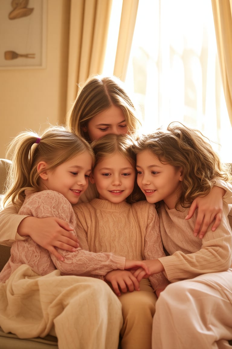 Soft morning sunlight filters through the window, illuminating a tender moment between three sisters, ages 7, 12, and 18. The youngest, with pigtails and a bright smile, snuggles up to her siblings as they sit on a plush couch, surrounded by warm beige walls. The older sister, with long hair and a gentle gaze, wraps an arm around their shoulders, while the middle child, with curly locks and a thoughtful expression, looks down at her little sisters with adoration. The scene exudes warmth and coziness, with soft golden light casting a loving glow on the trio's innocent faces.