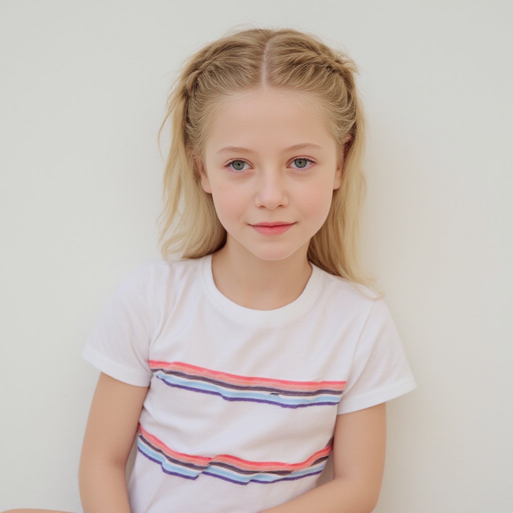 A serene portrait of a blonde-haired young girl with light skin tone, posing in front of a plain white wall. Her messy braids frame her face, and her soft green eyes are half-lidded, hinting at a subtle smile. She wears a striped T-shirt, adding a playful touch to her natural makeup look. The gentle lighting casts even shadows, emphasizing her features without harshness.
The image is a high-resolution photograph of a young girl with a light skin tone and blonde hair styled in two braids. Her hair is slightly tousled, with a few strands framing her face. She has a natural, neutral makeup look with a hint of pink on her lips and a light blush on her cheeks. Her eyes are a soft, light green, and she has a slight, closed-lip smile. She is wearing a short-sleeved T-shirt with horizontal stripes in red, white, and blue, which adds a touch of casual, playful style to her appearance. The background is a plain, light-colored wall, which keeps the focus entirely on the girl. The lighting is soft and even, casting gentle shadows and highlighting her features without harshness. The overall mood of the image is serene and youthful, capturing a moment of quiet contemplation or perhaps a candid, everyday moment.