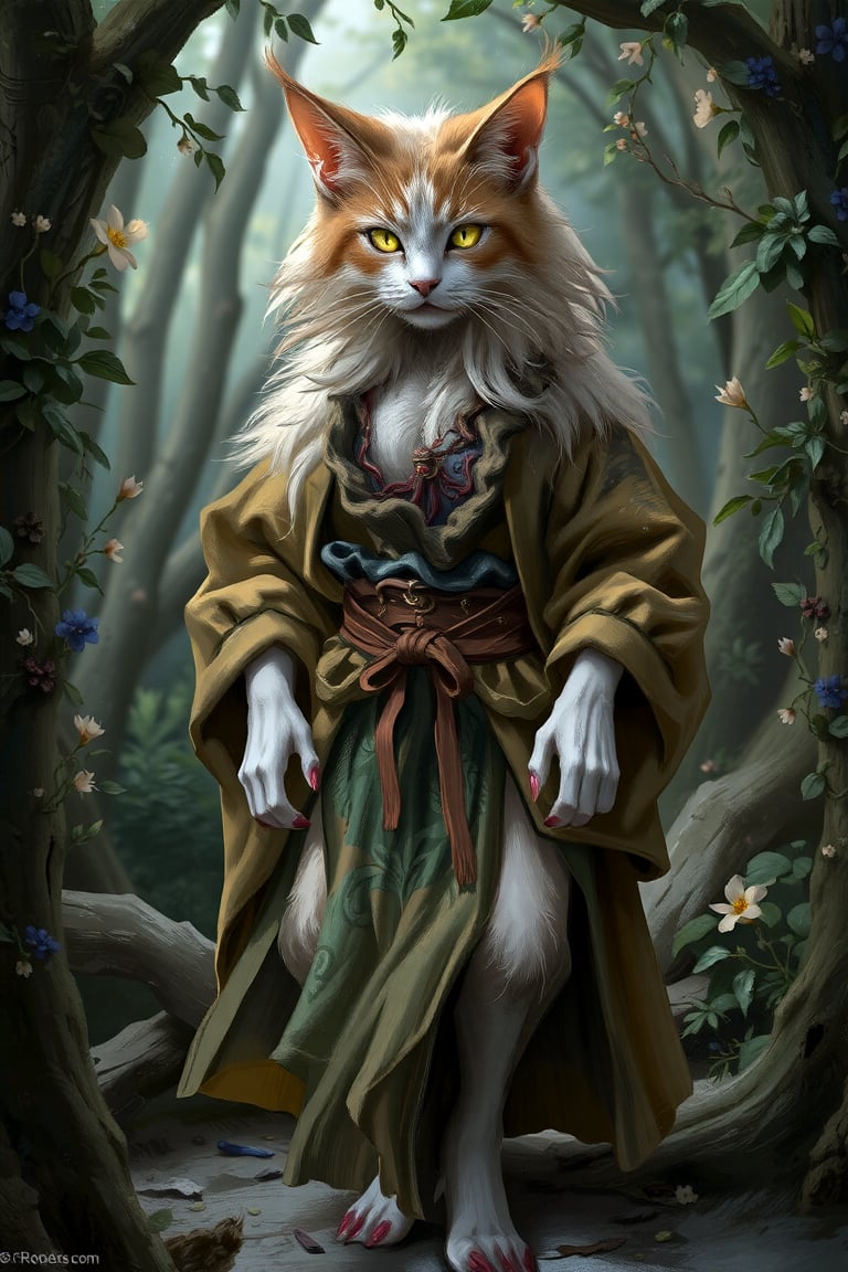 A lifelike catgirl hybrid, radiant with allure, gracefully stands amid a serene forest's depths. Her fluffy fur envelops a form adorned in a flowing nature-inspired tunic, eyes aglow with both whimsy and mischief. Subtle feline claws enhance her hands, while lush foliage and,anthro