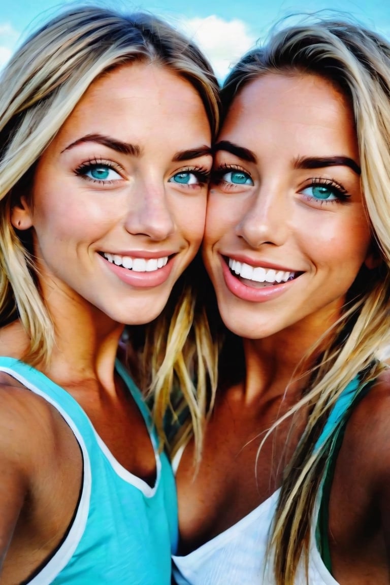 'a couple of women standing next to each other, sexy girl with green eyes, in love selfie, sky blue eyes, high school, tongue, palm springs, long eyelashes, isabella, lacrosse player, loving embrace, f/15, her friend, aniston, highlights, friendly, with a white, mutud colors, black circle, kids, front page