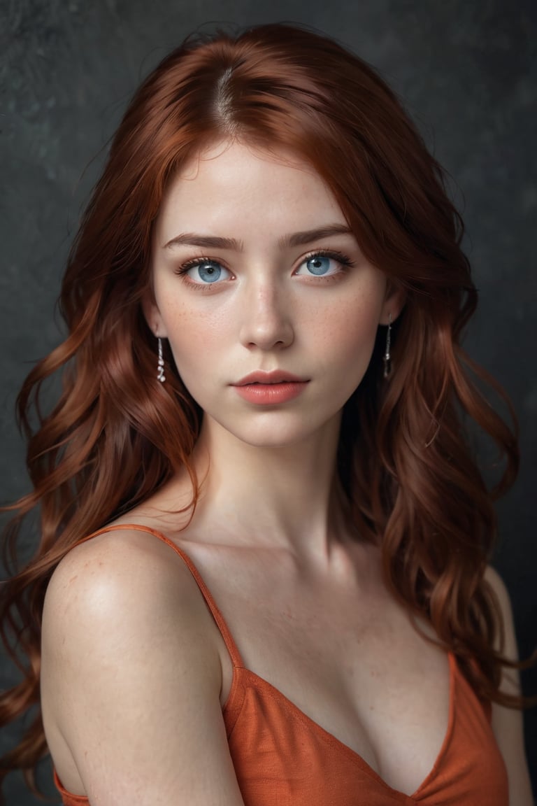 A young woman with vibrant red locks cascading down her shoulders frames her heart- shaped face as she stands against a somber dark gray wall. The orange sleeveless top accentuates her toned arms, complemented by dangling earrings that catch the light. Her piercing blue eyes sparkle beneath freckles on her cheeks, drawing attention to her wavy hair and radiant features.