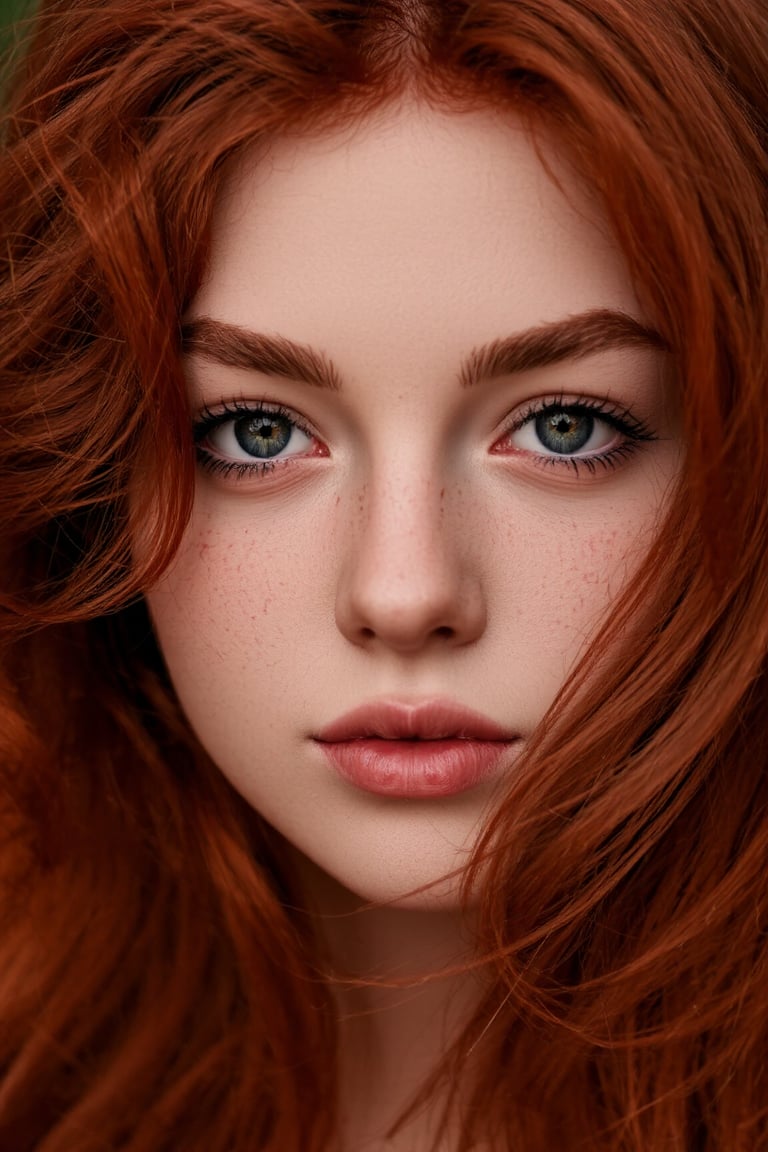 Close-up portrait of a young woman with red hair, 1400*1000, Irish genes, hair blown by the wind, marvelous eyes, freckled skin, inspired by Mary Elizabeth Price, red-toned mist, photorealistic, HDR photograph, ancient Irish atmosphere, unusually unique beauty, shot with Canon 5D Mark II, reminiscent of Tom Chambers and Jinsung Lim's photography style.