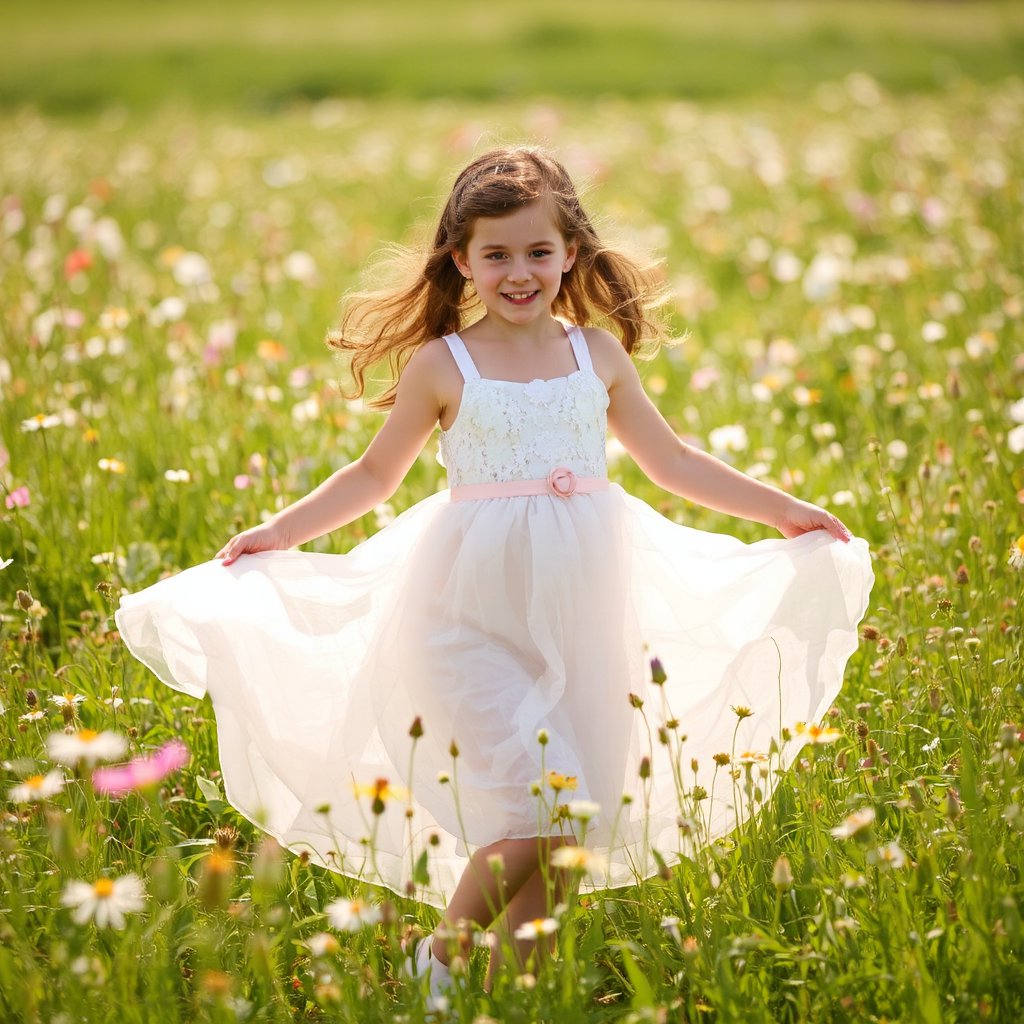 In a warm, sun-kissed meadow, a young girl twirls with abandon, surrounded by a tapestry of wildflowers swaying gently in the breeze. Her flowing, white dress billows behind her like a cloud, as she wears a radiant, charming smile that lights up the entire scene. The soft focus and dreamy quality evoke the Impressionist style of Pierre-Auguste Renoir or Berthe Morisot.,aidmaNSWFunlock