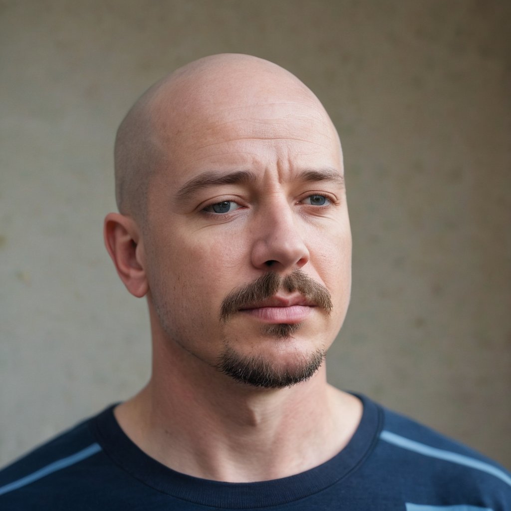 In a medium, eye-level shot, a bald, fair-skinned man with a goatee and mustache gazes downward at the camera, his eyes closed, mouth slightly ajar. He wears a light blue t-shirt with a blue stripe down the center, featuring the lord is my shepherd in black letters on the left side. The partially visible shirt hints at introspection, as he stands in thought, his contemplative expression inviting the viewer to share his quiet moment.