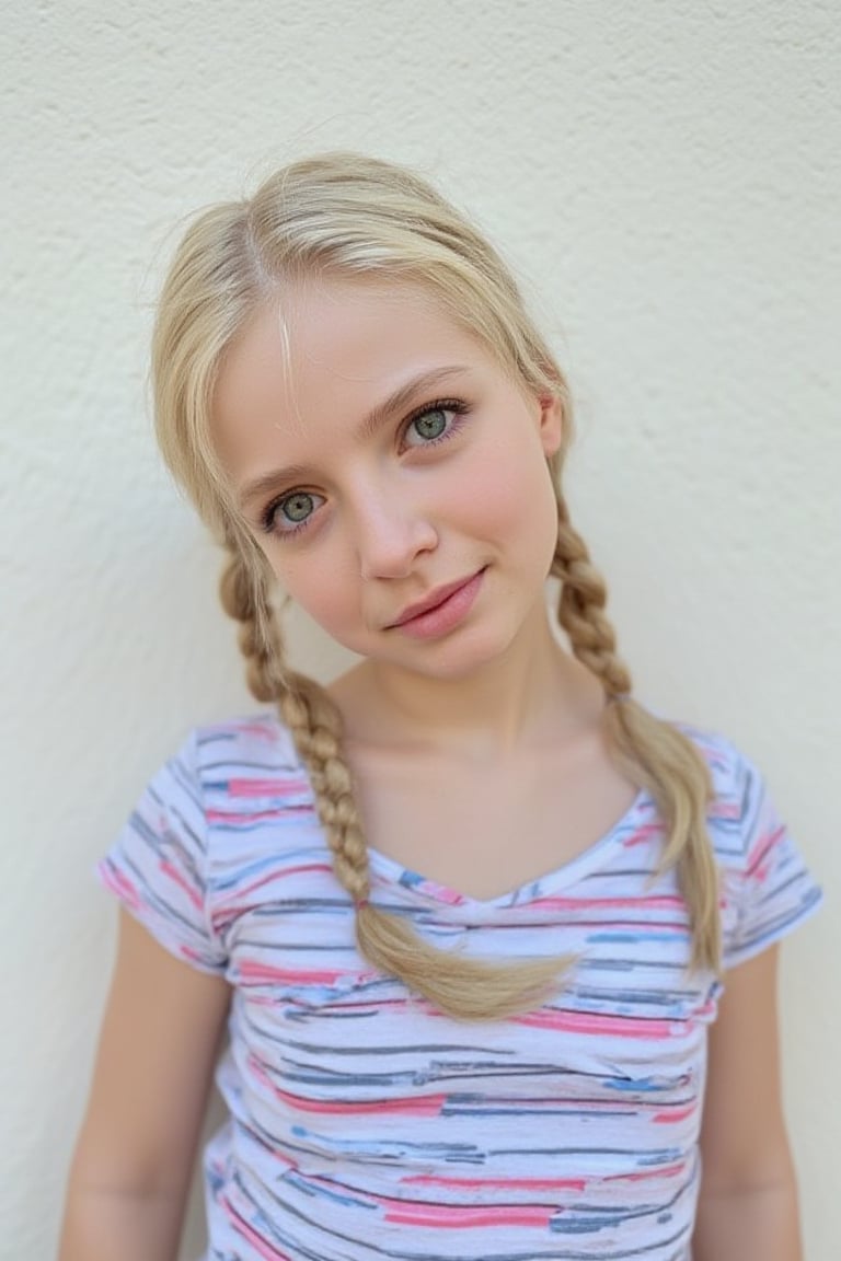 A serene portrait of a blonde-haired young girl with light skin tone, posing in front of a plain white wall. Her messy braids frame her face, and her soft green eyes are half-lidded, hinting at a subtle smile. She wears a striped T-shirt, adding a playful touch to her natural makeup look. The gentle lighting casts even shadows, emphasizing her features without harshness.
The image is a high-resolution photograph of a young girl with a light skin tone and blonde hair styled in two braids. Her hair is slightly tousled, with a few strands framing her face. She has a natural, neutral makeup look with a hint of pink on her lips and a light blush on her cheeks. Her eyes are a soft, light green, and she has a slight, closed-lip smile. She is wearing a short-sleeved T-shirt with horizontal stripes in red, white, and blue, which adds a touch of casual, playful style to her appearance. The background is a plain, light-colored wall, which keeps the focus entirely on the girl. The lighting is soft and even, casting gentle shadows and highlighting her features without harshness. The overall mood of the image is serene and youthful, capturing a moment of quiet contemplation or perhaps a candid, everyday moment.