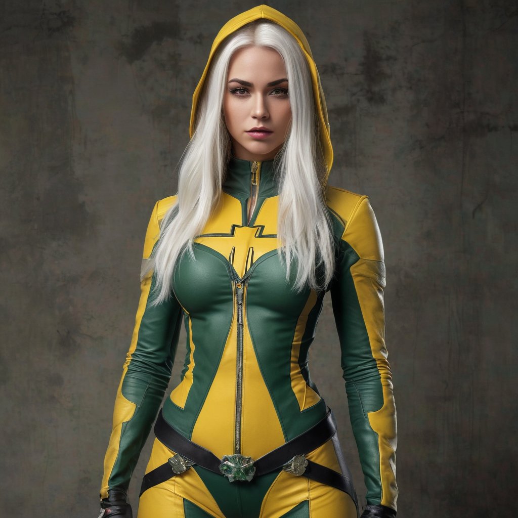 A bold superheroine stands tall, dressed in a vibrant yellow and green suit adorned with a distinctive cross emblem on the chest, paired with a black jacket and hood. Her long white hair flows behind her as she confidently poses, one hand resting on her hip and the other on her thigh. A serious expression dominates her face, fixed directly at the camera. Against a gritty concrete wall backdrop, a window to the right adds depth. The overall mood is dramatic and powerful, evoking a sense of strength and determination.