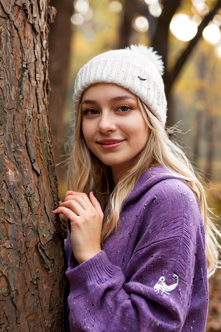  a young woman in a striking pose against a tree. Her blonde hair cascades down her shoulders, framing her face with a gentle smile. She is dressed in a purple sweater adorned with a white bird design, adding a pop of color to the scene. The gray beanie she wears complements her outfit, and her gaze is directed straight at the camera, creating a sense of connection with the viewer. The tree behind her is a sturdy brown trunk, providing a natural backdrop to this candid moment. The lighting is soft and diffused, casting a warm glow on the subject and enhancing the overall mood of the image. The image is a harmonious blend of color, emotion, and composition, capturing a moment of tranquility and beauty