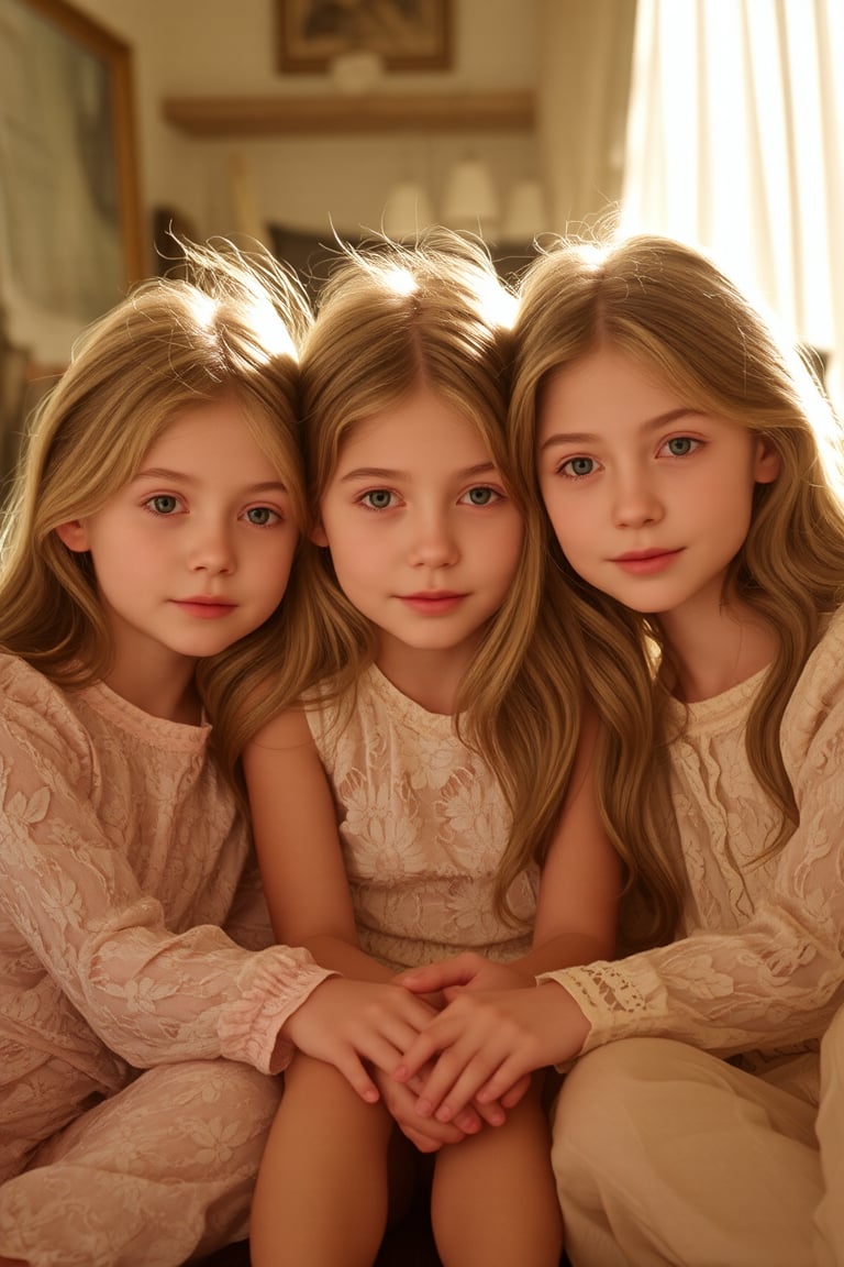 Three sisters, a tender trio, sit together in harmony: the 7-year-old's bright curiosity, the 12-year-old's gentle introspection, and the 18-year-old's wise radiance. Soft golden light bathes their faces, warming the scene as they lean in, hands intertwined, amidst a cozy domestic setting. The photorealistic image glows with a sense of nostalgia, capturing the innocence and beauty of their bond, as the sisters' eyes shine bright with love and connection.