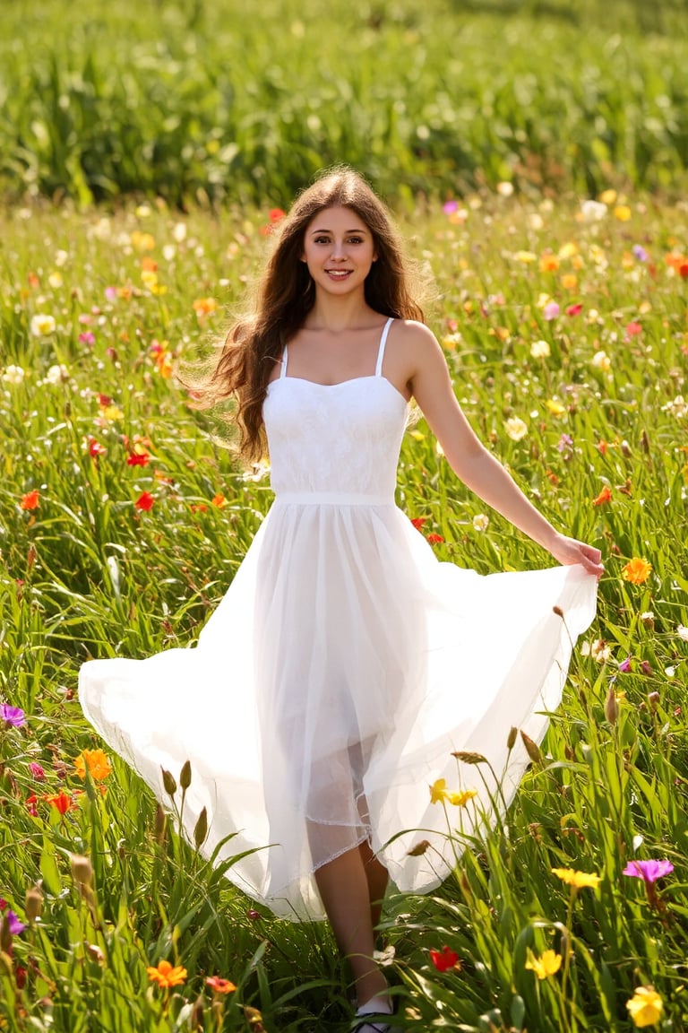 A  girl's dreamy dance in a sun-kissed meadow, surrounded by vibrant wildflowers, wears a flowing white dress, the girl is 18 years old,beaming with a bright and charming smile, as warm rays of sunlight filter through lush green blades, casting a soft glow on the serene scene, reminiscent of Renoir or Morisot's Impressionist masterpieces.,hubggirl