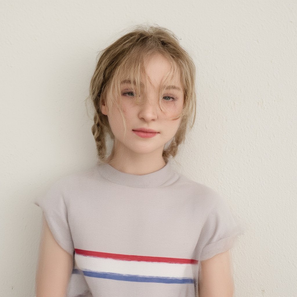 A serene portrait of a blonde-haired young woman with light skin tone, posing in front of a plain white wall. Her messy braids frame her face, and her soft green eyes are half-lidded, hinting at a subtle smile. She wears a striped T-shirt, adding a playful touch to her natural makeup look. The gentle lighting casts even shadows, emphasizing her features without harshness.
The image is a high-resolution photograph of a young girl with a light skin tone and blonde hair styled in two braids. Her hair is slightly tousled, with a few strands framing her face. She has a natural, neutral makeup look with a hint of pink on her lips and a light blush on her cheeks. Her eyes are a soft, light green, and she has a slight, closed-lip smile. She is wearing a short-sleeved T-shirt with horizontal stripes in red, white, and blue, which adds a touch of casual, playful style to her appearance. The background is a plain, light-colored wall, which keeps the focus entirely on the girl. The lighting is soft and even, casting gentle shadows and highlighting her features without harshness. The overall mood of the image is serene and youthful, capturing a moment of quiet contemplation or perhaps a candid, everyday moment.