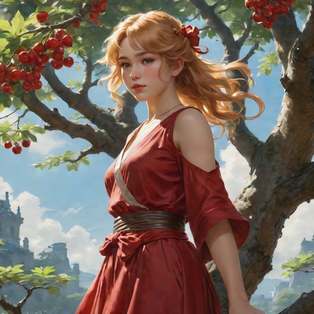  Cute girl gathering cherries on a tree, very long hair, reddish blonde, perfect body, cute face, curvy , insanely detailed art, Renoir Sorolla Degas manet, 8k resolution, lusciously drawn, soft render, ray tracing, unreal engine 5, illustration, by Beeple, WLOP, J. C. Leyendecker stalenhag, Mucha Katsuhiro Otomo by Ruan Jia and Mandy Jurgens and Artgerm and William-Adolphe Bouguereau, featured on artstation, anime style, 4k, in focus, details, hyper realistic,2d rays, cinematic composition, majestic light, 8k resolution, masterpiece, high resolution, award, epic scenery, dark fantasy environment, dnd character Scrolls squats, official studio and professional visual novel cover, fan deviantart Studio,at studio and professional video, by James wain and by Roger Dean and by Ross Tran and by Peter miyakoAnki