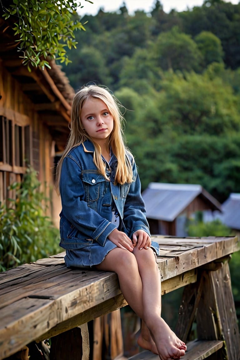  image captures a young girl with long, blonde hair, sitting on a blue ledge. She is wearing a blue jacket and a denim skirt, and her bare feet are crossed on the ledge. The girl is looking directly at the camera, and the background features a wooden structure with a thatched roof and green foliage. The lighting is moody and the image is taken with a long exposure, which gives it a dramatic effect. The overall mood of the image is serene and contemplative