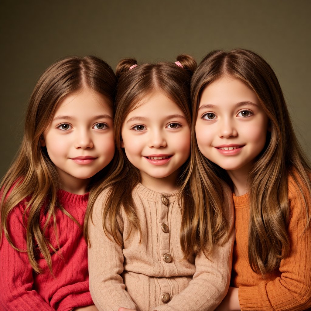 A heartwarming and sentimental portrait of three sisters, 1200*900, aged 7, 12, and 18, showcasing their growth and bond, photorealistic, warm colors, and soft lighting, capturing the innocence and beauty of sisterly love.