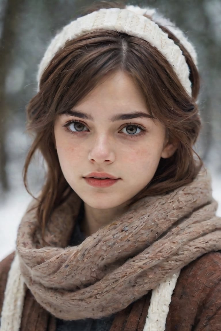 a close up of a person wearing a scarf and ear muffs, a picture, realism, fashion model, white skin color, teenager girl, portrait of arya stark, symmetric and beautiful face, with round face, girl with brown hair, fluffy''