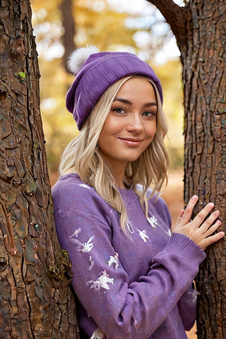  a young woman in a striking pose against a tree. Her blonde hair cascades down her shoulders, framing her face with a gentle smile. She is dressed in a purple sweater adorned with a white bird design, adding a pop of color to the scene. The gray beanie she wears complements her outfit, and her gaze is directed straight at the camera, creating a sense of connection with the viewer. The tree behind her is a sturdy brown trunk, providing a natural backdrop to this candid moment. The lighting is soft and diffused, casting a warm glow on the subject and enhancing the overall mood of the image. The image is a harmonious blend of color, emotion, and composition, capturing a moment of tranquility and beauty