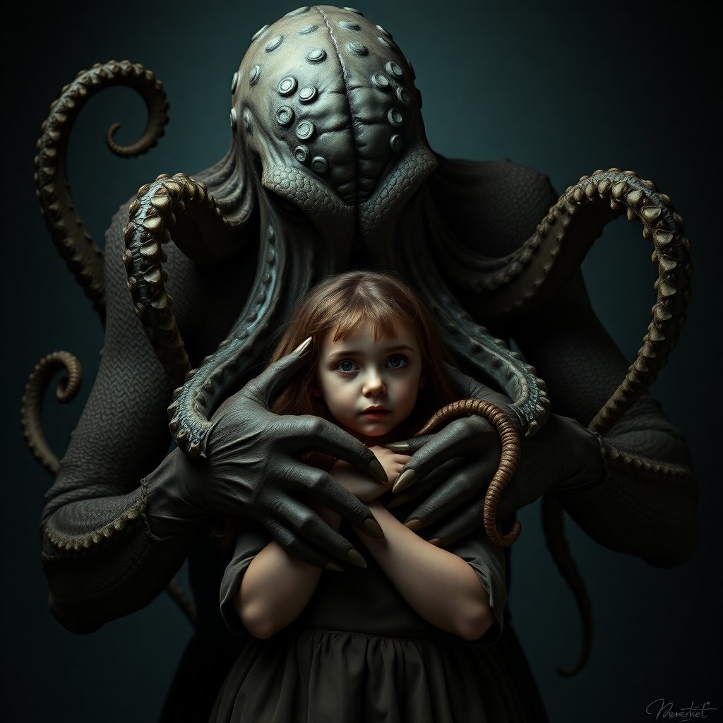 In a chilling and enchanting scene, a faceless tentacle monster tenderly embraces a frightened yet adorable young woman, creating a stark contrast between the dreadful presence of Cthulhu and the cuteness of his victim. Despite the terrifying situation, an unexpected romantic and sensual tenderness emerges between the two, weaving an unexpected depth into the composition and adding nuance to the horrifying premise. The dreadful yet beautiful image exudes a fascinating blend of fear, curiosity, and affection, as if plucked from the pages of a classic Lovecraftian tale. This unforgettable scene encapsulates the essence of the mind-bending, gothic horror that has captivated audiences for generations, inviting viewers to explore the fascinating realms of terror and tenderness that lie beyond the boundaries of the mundane.