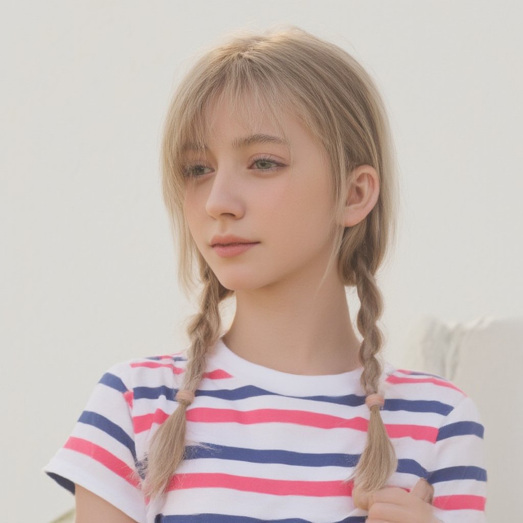 A serene portrait of a blonde-haired young girl with light skin tone, posing in front of a plain white wall. Her messy braids frame her face, and her soft green eyes are half-lidded, hinting at a subtle smile. She wears a striped T-shirt, adding a playful touch to her natural makeup look. The gentle lighting casts even shadows, emphasizing her features without harshness.
The image is a high-resolution photograph of a young girl with a light skin tone and blonde hair styled in two braids. Her hair is slightly tousled, with a few strands framing her face. She has a natural, neutral makeup look with a hint of pink on her lips and a light blush on her cheeks. Her eyes are a soft, light green, and she has a slight, closed-lip smile. She is wearing a short-sleeved T-shirt with horizontal stripes in red, white, and blue, which adds a touch of casual, playful style to her appearance. The background is a plain, light-colored wall, which keeps the focus entirely on the girl. The lighting is soft and even, casting gentle shadows and highlighting her features without harshness. The overall mood of the image is serene and youthful, capturing a moment of quiet contemplation or perhaps a candid, everyday moment.