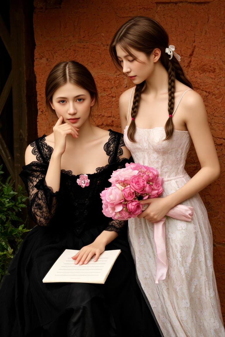 This image is a detailed, realistic painting by the artist Claude Monet, titled "The Artist's Garden at Vétheuil," created in 1881. The painting depicts two women in an intimate setting, with a rich, textured background. The woman on the left, who is seated, has short, light brown hair and is dressed in a black lace gown with a pink floral brooch on the bodice. She is holding a sheet of music with her right hand, resting her chin on her left hand. Her expression is serene and contemplative. 

The woman on the right, who is standing, has long, dark hair that is partially braided and adorned with a white ribbon. She is dressed in a white, sleeveless dress with a floral pattern, and she holds a bouquet of pink flowers wrapped in white paper. Her posture is slightly bent forward, and her gaze is directed towards the seated woman. 

The background is a warm, rich red-brown, with hints of green foliage and a wooden structure visible on the left side. The painting is characterized by Monet's signature Impressionist style, with visible brush strokes and a focus on light and color rather than detailed realism. The overall mood is one of tranquility and connection.