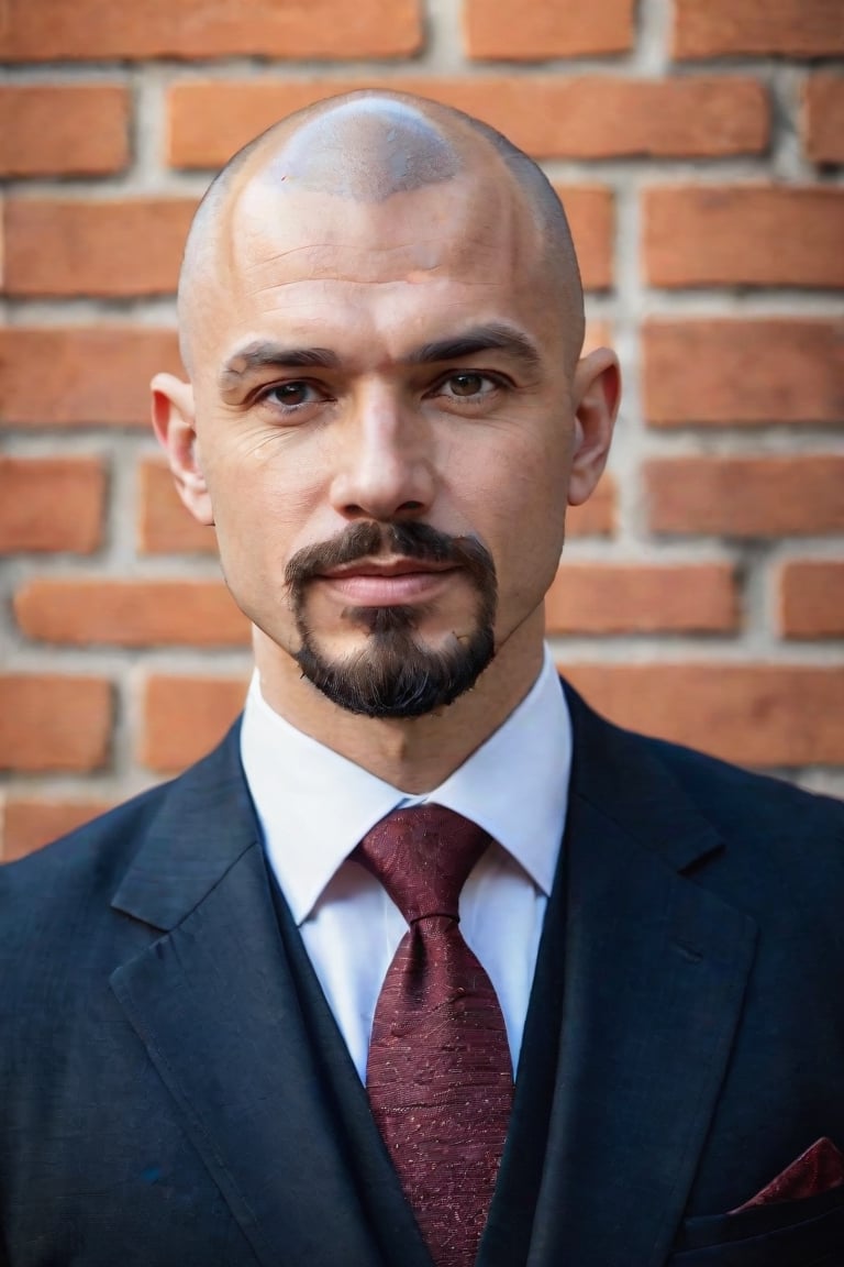 a man in a suit and tie standing in front of a brick wall, a portrait, shaved head and goatee,  by László Balogh, renaissance, professional profile picture, professional closeup photo, igor berezovsky, simon holmedal