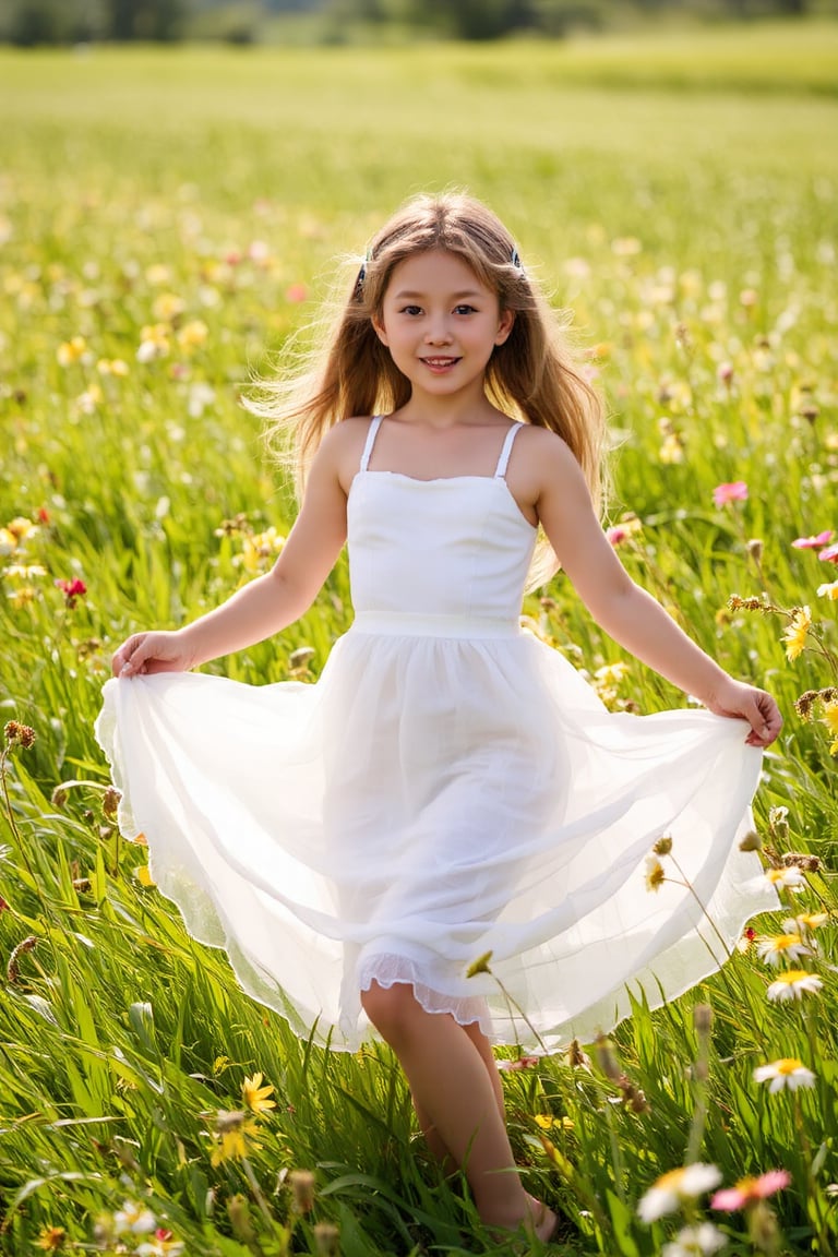 A young girl's dreamy dance unfolds in a sun-kissed meadow, surrounded by wildflowers of vibrant hues. Her flowing white dress ripples softly as she twirls, bathed in warm rays of sunlight filtering through lush green grass. Rays of light dance across her beaming smile, capturing the carefree essence of Renoir or Morisot's Impressionist style.