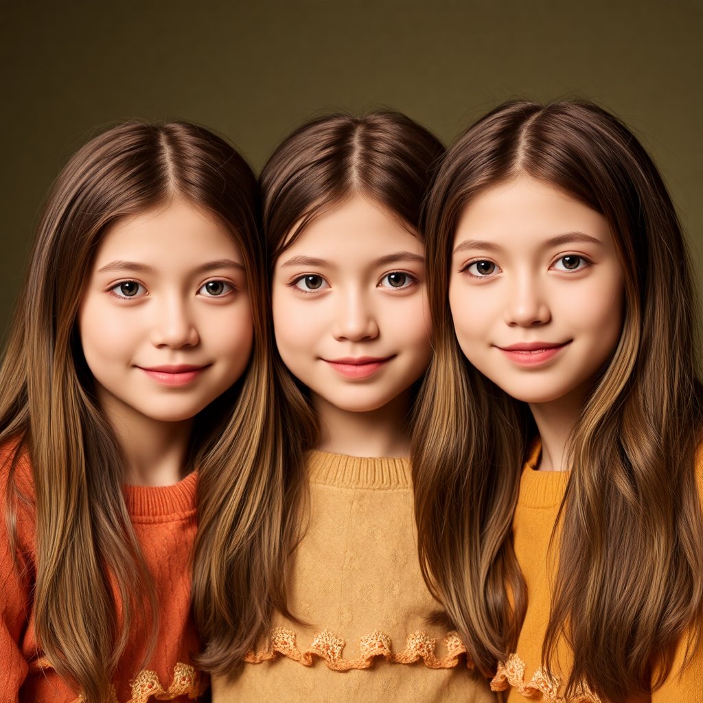 A heartwarming and sentimental portrait of three sisters, 1200*900, aged 7, 12, and 18, who are look-alikes, showcasing their growth and bond, photorealistic, warm colors, and soft lighting, capturing the innocence and beauty of sisterly love.