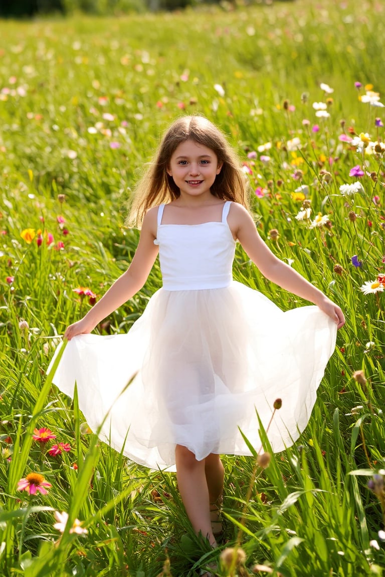 A young girl's dreamy dance in a sun-kissed meadow, surrounded by vibrant wildflowers, wears a flowing white dress, beaming with a bright and charming smile, as warm rays of sunlight filter through lush green blades, casting a soft glow on the serene scene, reminiscent of Renoir or Morisot's Impressionist masterpieces.,hubggirl