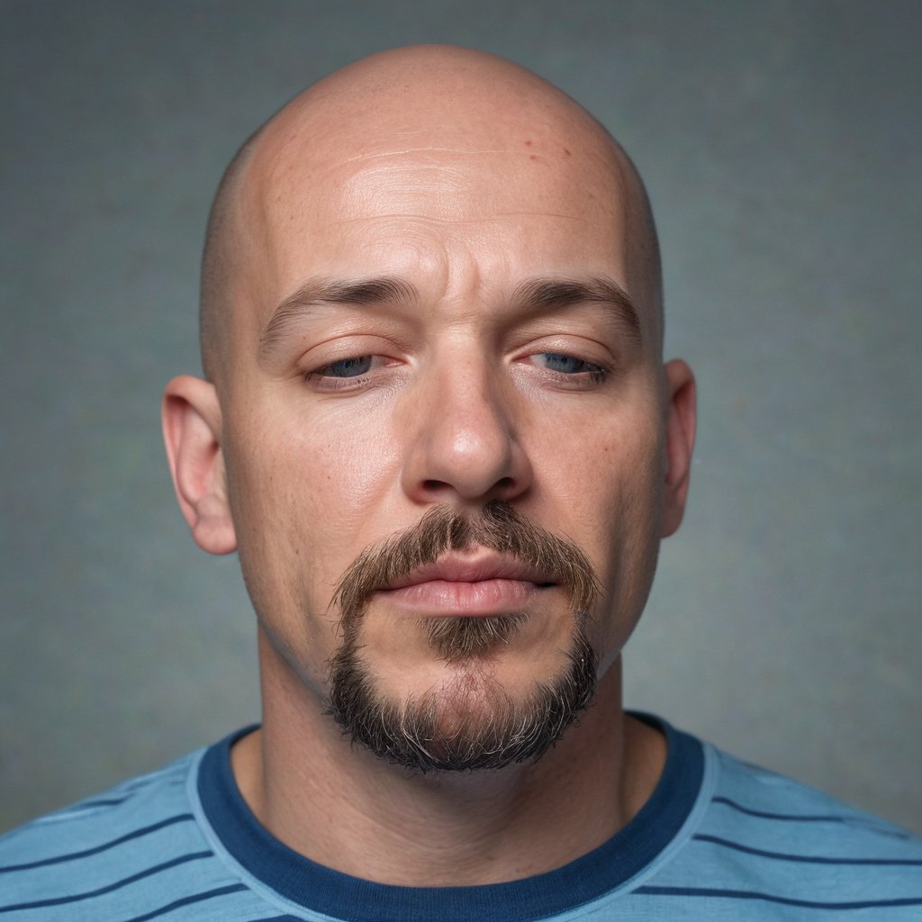 In a medium shot, a bald man with a goatee and mustache gazes down at the camera, his eyes closed and mouth slightly ajar. He wears a light blue t-shirt with a blue stripe and black text The Lord is my Shepherd on the left side, partially visible behind his head. The framing emphasizes his introspective expression, with the subtle smile suggesting contemplation or prayer.