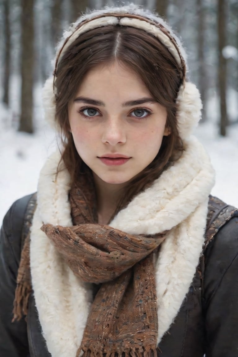 a close up of a person wearing a scarf and ear muffs, a picture, realism, fashion model, white skin color, teenager girl, portrait of arya stark, symmetric and beautiful face, with round face, girl with brown hair, fluffy''