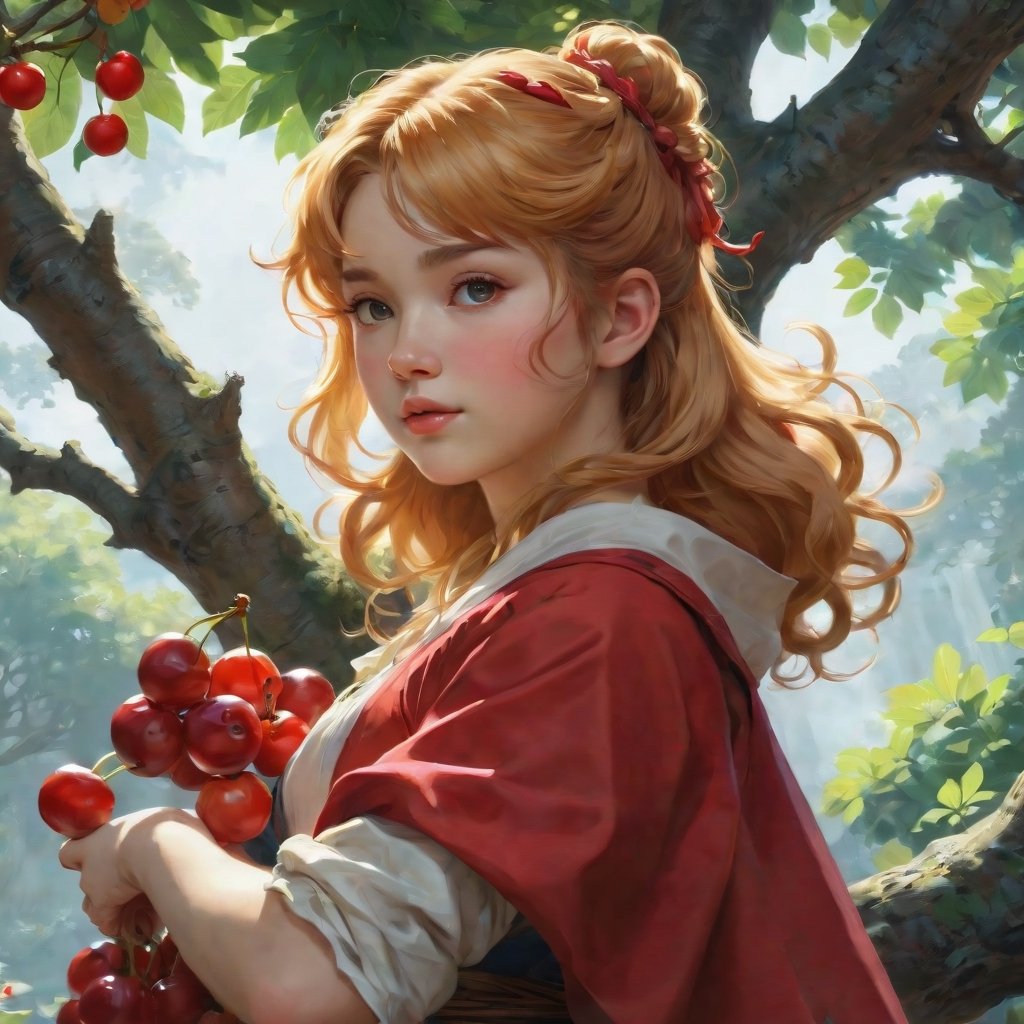  Cute girl gathering cherries on a tree, very long hair, reddish blonde, perfect body, cute face, curvy , insanely detailed art, Renoir Sorolla Degas manet, 8k resolution, lusciously drawn, soft render, ray tracing, unreal engine 5, illustration, by Beeple, WLOP, J. C. Leyendecker stalenhag, Mucha Katsuhiro Otomo by Ruan Jia and Mandy Jurgens and Artgerm and William-Adolphe Bouguereau, featured on artstation, anime style, 4k, in focus, details, hyper realistic,2d rays, cinematic composition, majestic light, 8k resolution, masterpiece, high resolution, award, epic scenery, dark fantasy environment, dnd character Scrolls squats, official studio and professional visual novel cover, fan deviantart Studio,at studio and professional video, by James wain and by Roger Dean and by Ross Tran and by Peter miyakoAnki