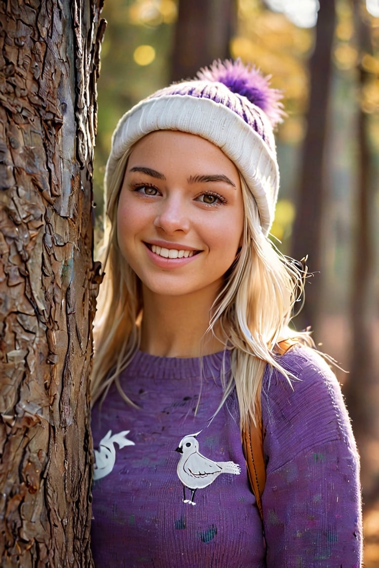  a young woman in a striking pose against a tree. Her blonde hair cascades down her shoulders, framing her face with a gentle smile. She is dressed in a purple sweater adorned with a white bird design, adding a pop of color to the scene. The gray beanie she wears complements her outfit, and her gaze is directed straight at the camera, creating a sense of connection with the viewer. The tree behind her is a sturdy brown trunk, providing a natural backdrop to this candid moment. The lighting is soft and diffused, casting a warm glow on the subject and enhancing the overall mood of the image. The image is a harmonious blend of color, emotion, and composition, capturing a moment of tranquility and beauty
