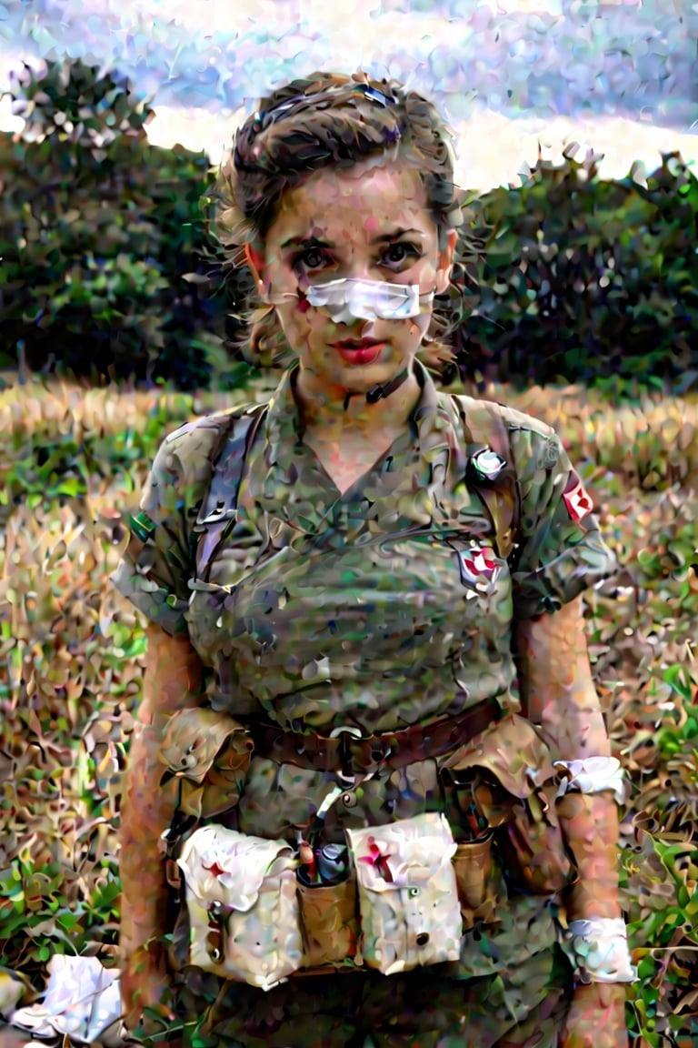 A young woman , cute and sexy. A battle-hardened medic stands ready at a field station during a wartime mission, fully equipped with his med kit, bandages rolled tightly and syringes prepared. His unflinching eyes stare straight into the lens of the camera, conveying both the determination to save lives amidst the chaos of conflict and the empathy for those who have been wounded in combat. The medic's life is defined by two conflicting desires: a commitment to his fellow soldiers and a need to preserve their humanity in even the darkest times.