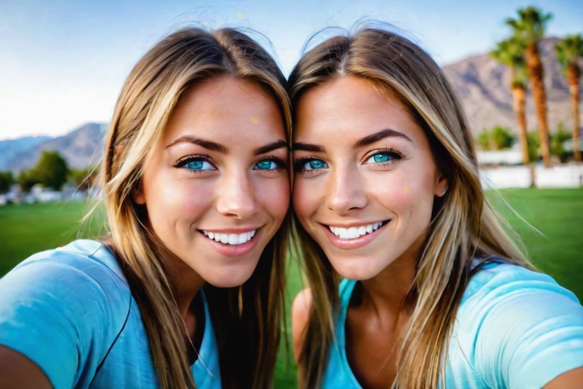 'a couple of women standing next to each other, sexy girl with green eyes, in love selfie, sky blue eyes, high school, tongue, palm springs, long eyelashes, isabella, lacrosse player, loving embrace, f/15, her friend, aniston, highlights, friendly, with a white, mutud colors, black circle, kids, front page