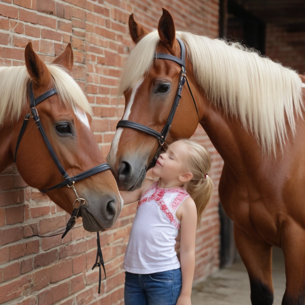 eye-level indoors, a fair-skinned woman with long brown hair and a pink shirt is the focal point of this shot. she's smiling warmly at the camera, her gaze directed towards the left side of the frame. in the foreground, a fair-skinned child with a black helmet and a red jacket is standing, his left hand gently touching the horse's nose. the child is dressed in blue jeans and black boots, and his left arm is bent at the elbow, revealing a black helmet underneath. the horse, a light brown with a white mane, is adorned with a red halter and a white and red bridle. the child's left hand is gently touching the horse's nose, while his right hand is bent at the elbow, revealing a black helmet underneath. the horse, a light brown with a white mane, is standing in a stable, surrounded by a brick wall. the stable is filled with a variety of bricks, including red bricks, white bricks, and a brick wall. the walls are adorned with vines and flowers, adding a touch of nature to the scene.