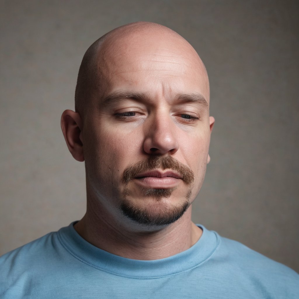 In a medium shot, a bald man with a goatee and mustache gazes down at the camera, his eyes closed and mouth slightly ajar. He wears a light blue t-shirt with a blue stripe and black text The Lord is my Shepherd on the left side, partially visible behind his head. The framing emphasizes his introspective expression, with the subtle smile suggesting contemplation or prayer.