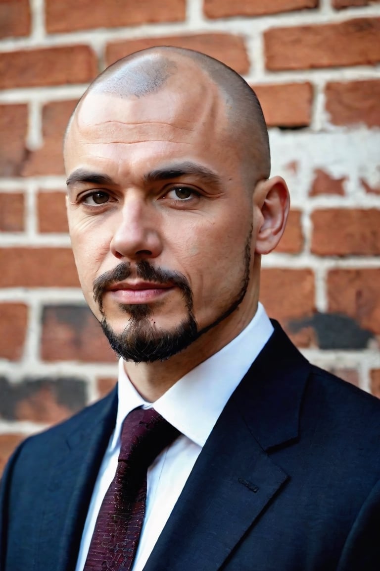 a man in a suit and tie standing in front of a brick wall, a portrait, shaved head and goatee,  by László Balogh, renaissance, professional profile picture, professional closeup photo, igor berezovsky, simon holmedal