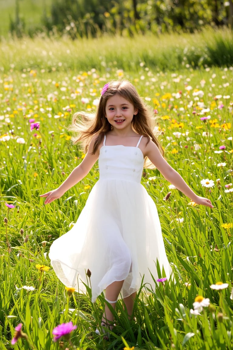 A  girl's dreamy dance in a sun-kissed meadow, surrounded by vibrant wildflowers, wears a flowing white dress, the girl is 4 years old,beaming with a bright and charming smile, as warm rays of sunlight filter through lush green blades, casting a soft glow on the serene scene, reminiscent of Renoir or Morisot's Impressionist masterpieces.,hubggirl