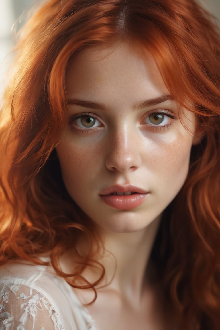 A tenderly lit close-up captures the endearing features of a young girl with fiery red locks, her bright gaze sparkling beneath an ethereal soft glow. Antoni Pitxot's artistic hand guides us through a dreamy atmosphere, as this photobashed portrait presents a winsome subject, bathed in a fuzzy radiance that accentuates her sweet innocence.