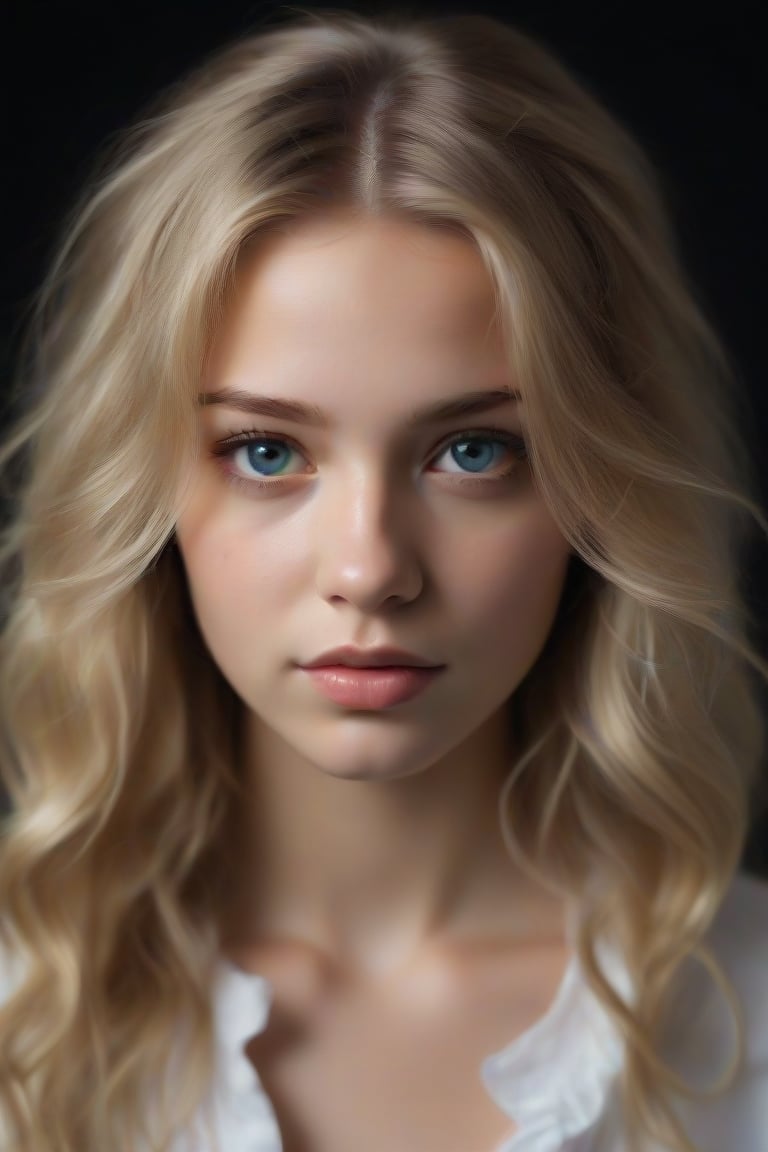 The image is a portrait of a young girl with long blonde hair. She is looking directly at the camera with a serious expression on her face. Her hair is styled in loose waves and falls over her shoulders. She has a slight smile on her lips and her eyes are a piercing blue. The background is black, making the girl the focal point of the image. She appears to be wearing a white blouse with a ruffled neckline. The lighting is soft and natural, highlighting her features,Supersex