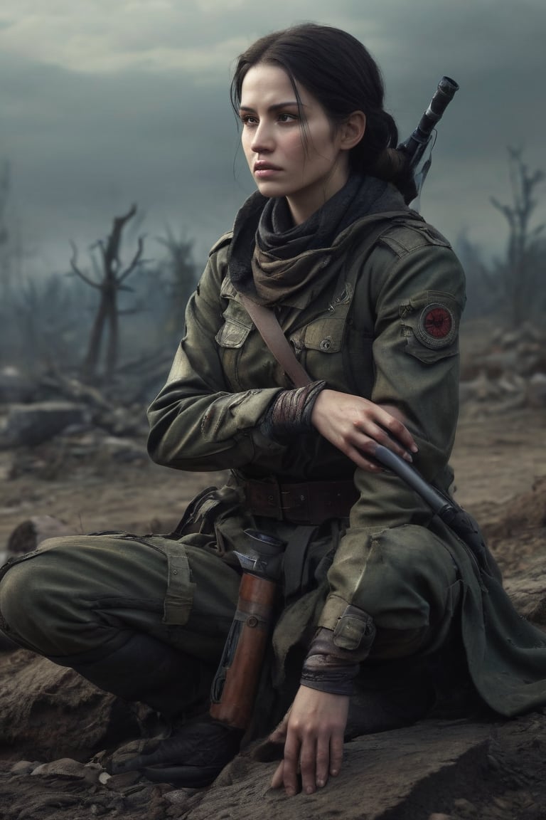 A dark, mystical aura surrounds Soviet sniper Lyudmila Pavlichenko as she crouches atop a ruined WW2 battlefield, her eyes glowing with an otherworldly connection to Lady Death. Donning Soviet sniper attire, she holds a rifle adorned with enchanted bullets and demonic tattoos. Her spectral aura radiates an intense determination, fueled by vengeful fury against the Nazi regime.

Composition: Lyudmila's figure dominates the frame, with the ruined battlefield serving as a haunting backdrop. The lighting is dim, with only a hint of moonlight illuminating her mystical abilities. The overall aesthetic is dark and foreboding, reflecting the harsh realities of war.

Keywords: Photorealistic Images, Character Mix, Alternate WW2 Setting, Supernatural Powers, Dark Aesthetics, Soviet Sniper Attire, Enchanted Bullets, Demonic Tattoos, Spectral Aura, Lady Death Comic Series Inspirations, WW2 Battlefield, Supernatural Forces, Nazi Regime, Dark Mystical Allies, Fierce Determination, Tactical Prowess, Vengeful Demeanor, Unwavering Commitment.