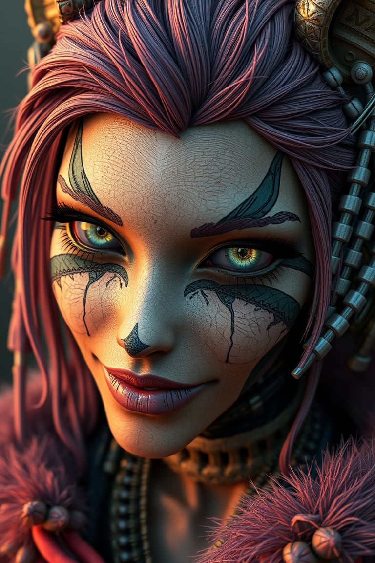 Mad Max furries and cyborg. intricate abstract, ultra intricately detailed 3D render, global illumination, by Beksinski's Ilya Prima's striped eyes with kind smile her hair, rembrandt, style from Anime series CGSociety,hyper realistic, 4k HDR, octane render, photographic, highajic, very stylish young James Audrey as Ayanamiyareenshotatalieocalyptic after 