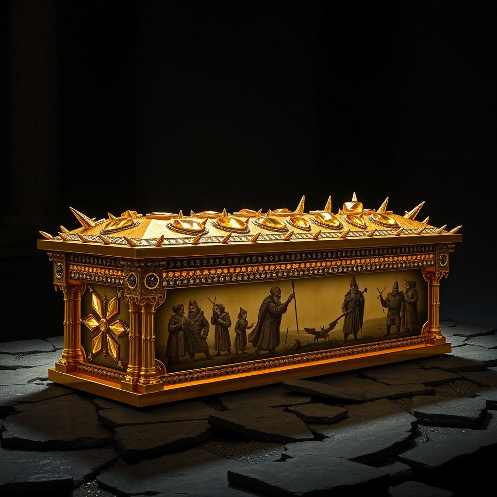 In this photorealistic image, a gold sarcophagus stands imposingly against a dark, foreboding background, its surface adorned with intricate details. Rose cut citrines glint in the dim light, complemented by willow-shaped decorations and bands of octagon cut citrines and cushion diorite cabochons that seem to shimmer like jewels. Spike-like protrusions made of diorite jut out from the sarcophagus, adding a sense of menace to the piece.


The gold sarcophagus, adorned with exceptional craftsmanship, lies before you. Rose cut citrines encrust its surface, complemented by willow-shaped decorations and bands of octagon cut citrines and cushion diorite cabochons. The sarcophagus menaces with spikes of diorite, adding a sense of foreboding to the piece.

A depicted scene on the sarcophagus portrays Stukos Mazewound, a dwarf, ascending to the position of baroness of The Glad Lash in 194. Surrounded by fellow dwarves, this artwork symbolizes a significant milestone for the community.

Another image on the sarcophagus captures Edëm Towerpaint, another dwarf, weeping over the destruction of her masterful pig tail cloak. The cloak had been created for The Tomb of Squeezing at Zedotkol and was destroyed in early spring of 290 by an unknown creature. This artwork serves as a tribute to lost artistry and serves as a reminder of the transient nature of creative works.
