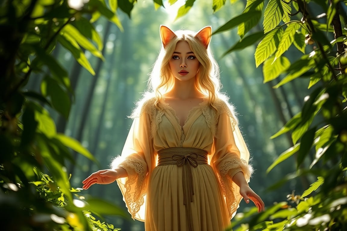 A lifelike catgirl hybrid stands amidst the serene forest's depths, her radiant aura drawing attention to her alluring presence. Framed by a canopy of lush greenery, she wears a flowing nature-inspired tunic that complements her fluffy fur, with subtle feline claws adorning her hands. Her eyes aglow with whimsy and mischief, she seems to be savoring the tranquility of her surroundings.