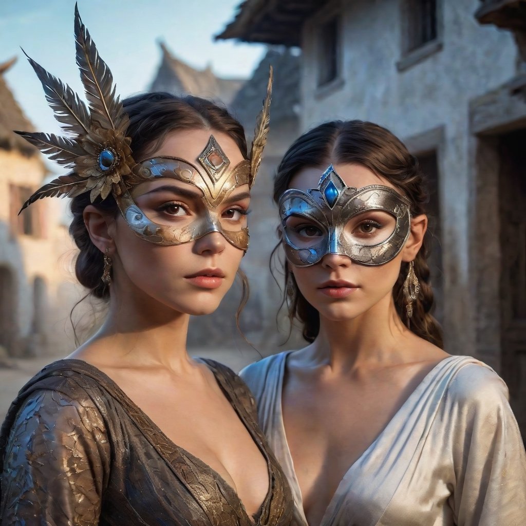 An ethereal, beautiful sorceress played by Rey Anders and Anya Taylor, donning an intricate mask, strikes a glamour pose in an elaborate, serene village on the last day of Ataly. The scene is drawn by Andrei W Guangj Maximenko with intricate details and highly realistic lighting, revealing a serene yet mystical atmosphere that captures her winning photorealistic essence.