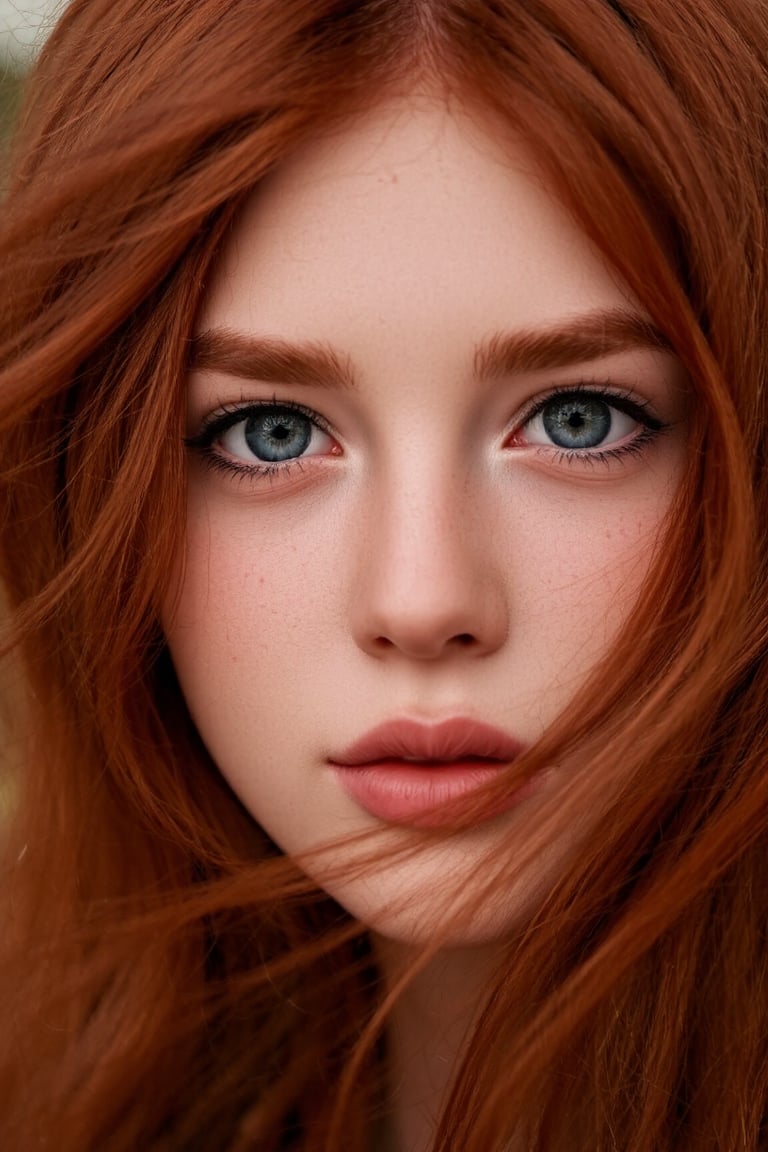 Close-up portrait of a young girl with red hair, 1400*1000, Irish genes, hair blown by the wind, marvelous eyes, freckled skin, inspired by Mary Elizabeth Price, red-toned mist, photorealistic, HDR photograph, ancient Irish atmosphere, unusually unique beauty, shot with Canon 5D Mark II, reminiscent of Tom Chambers and Jinsung Lim's photography style.